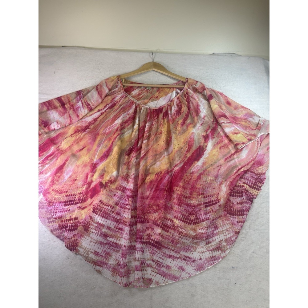 One World Top Womens XL Artsy Flutter Sleeve Flowy Fairy Spring Summer Vibe Boho